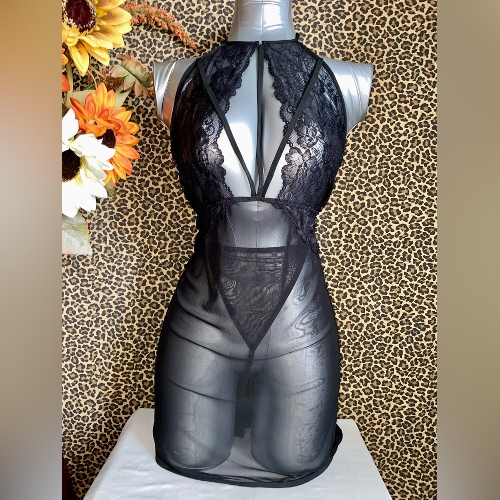 🦋B2G1🦋Black Stretch Lace & Mesh Plunge Halter Teddy & G-String PLUS SIZE | 5XL |